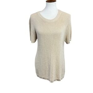 Chaps Metallic Knit Short Sleeve Sweater Top Beige‎ Gold Women's Fits Medium